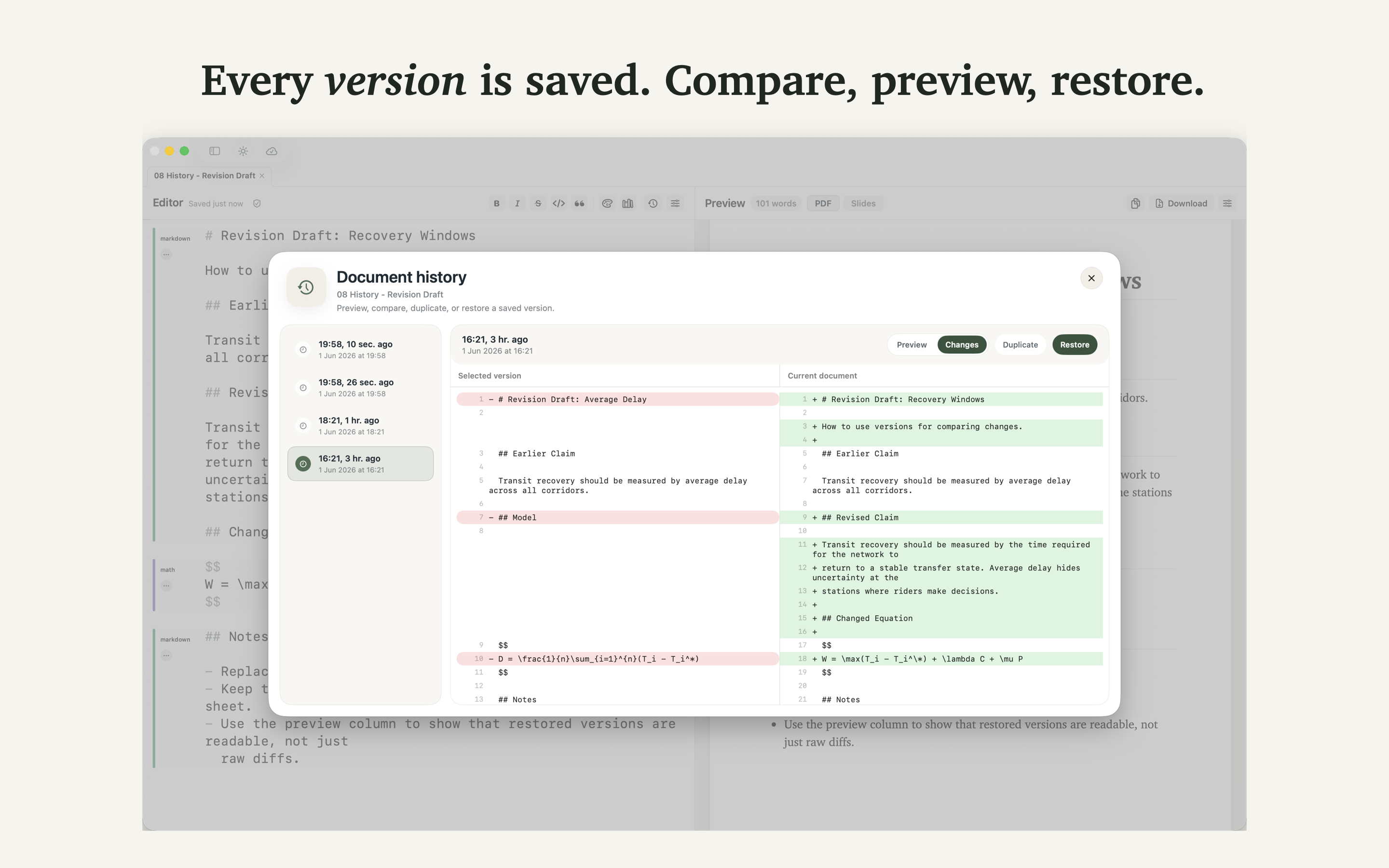 Document history and version compare in Minidocs