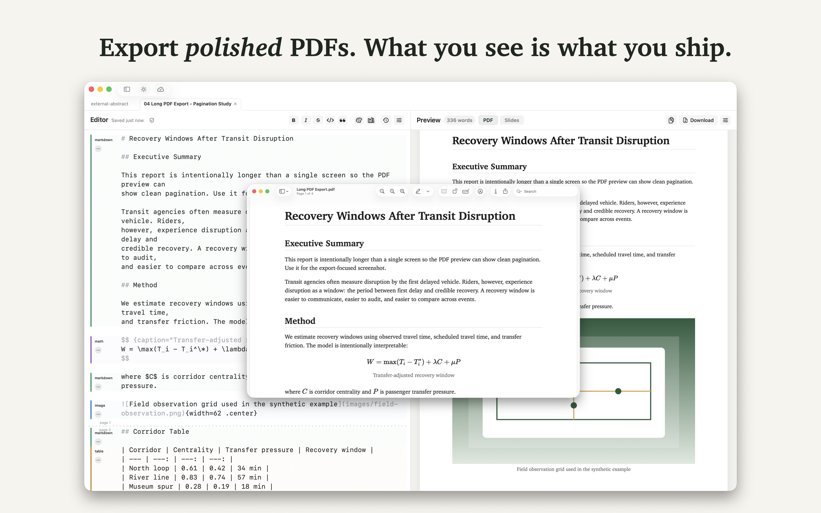 PDF preview and export controls in Minidocs