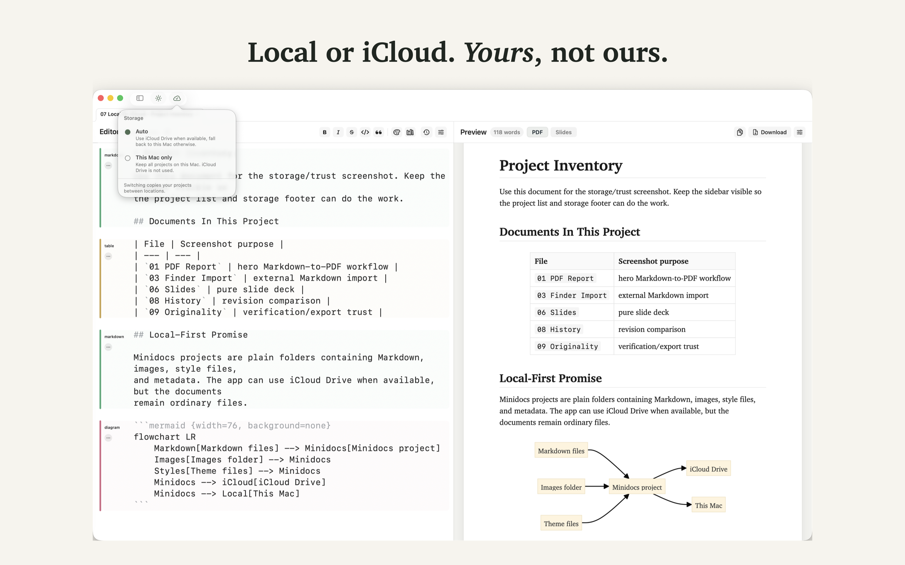 Local and iCloud document storage in Minidocs