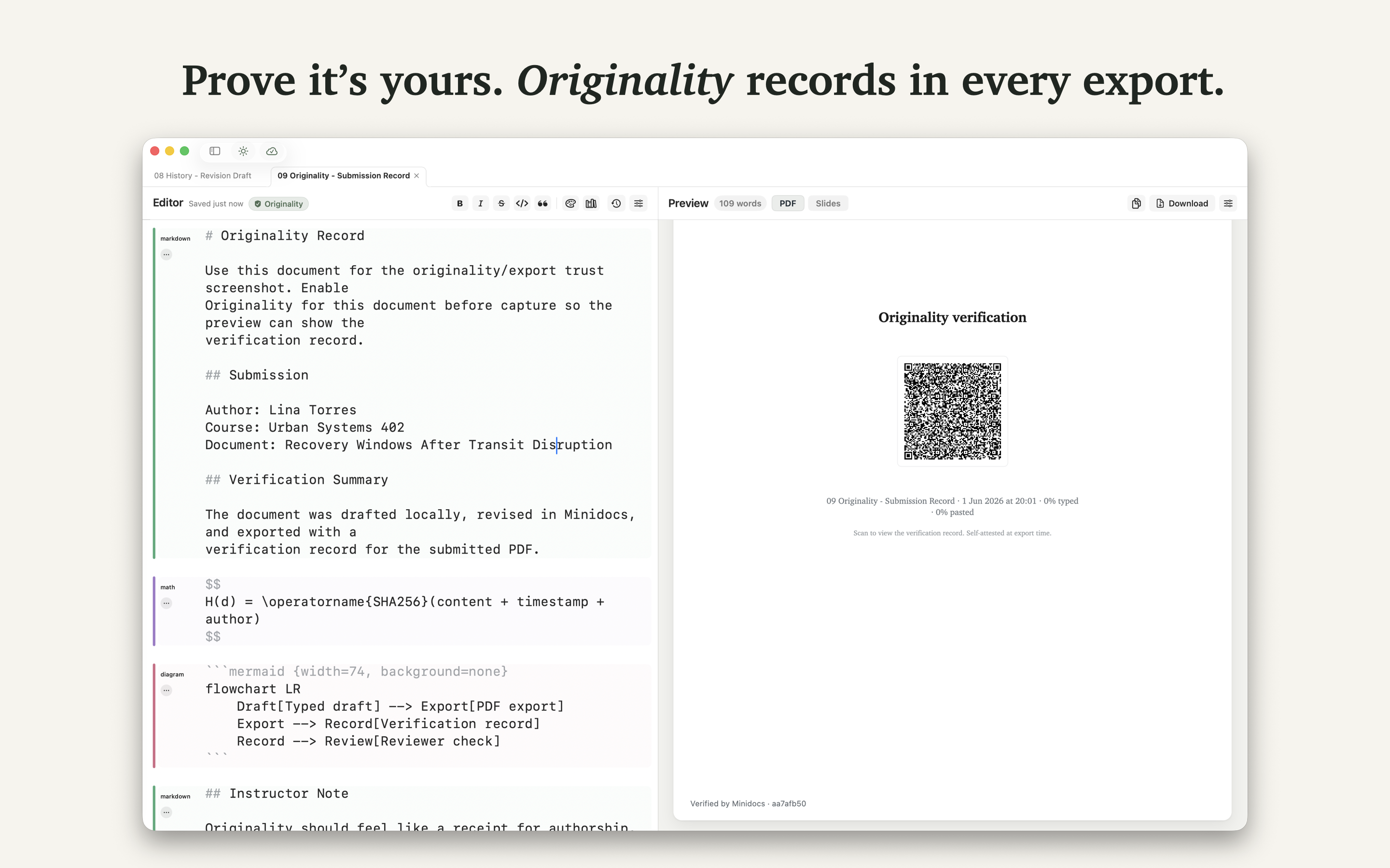 Originality record embedded in a Minidocs export