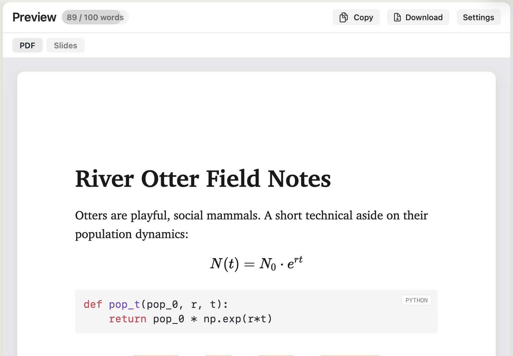 Syntax-highlighted code block in Minidocs