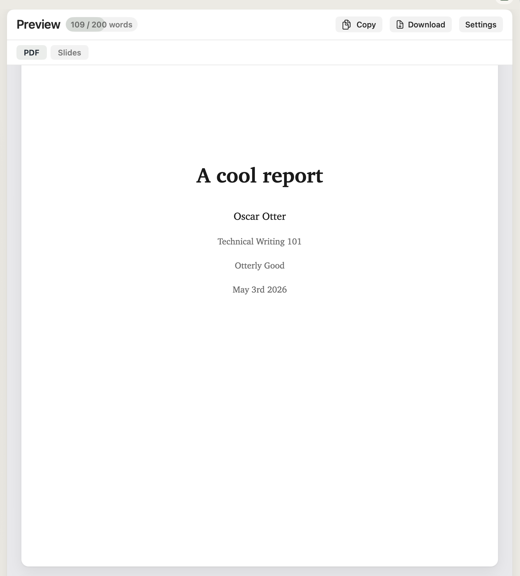 Cover page in Minidocs