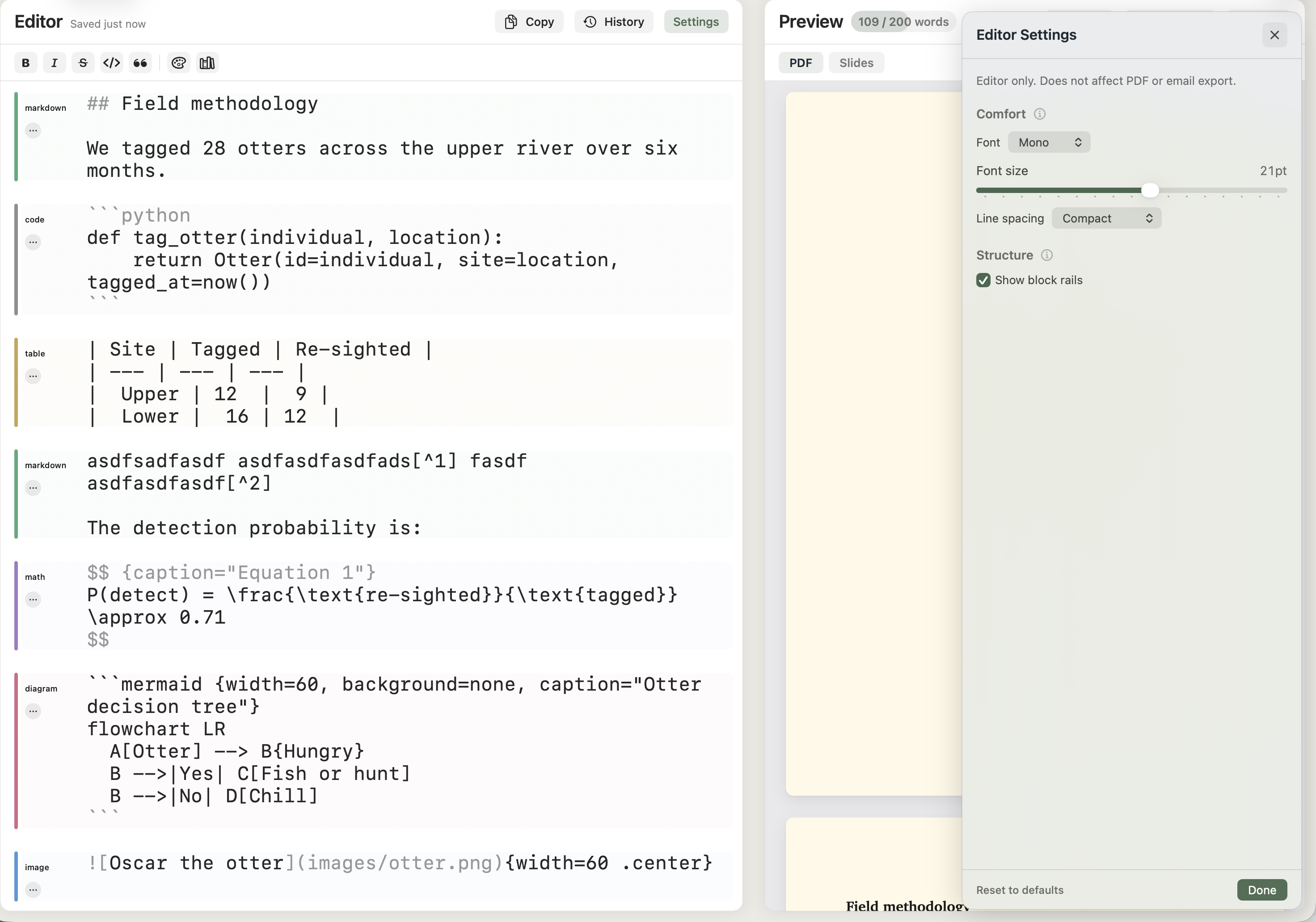 The Editor Settings panel open over the editor with font, size, line spacing, and block-rails toggle.