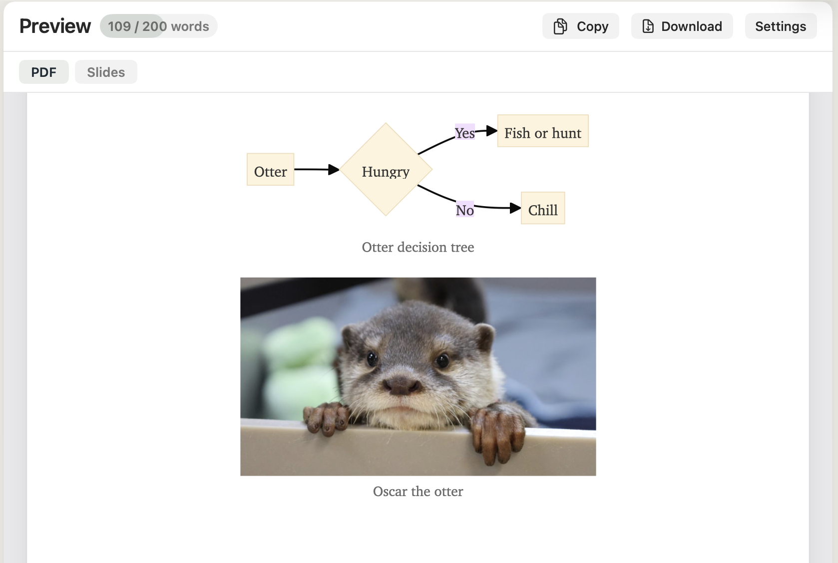 An image of an otter rendered in the preview with a caption below.