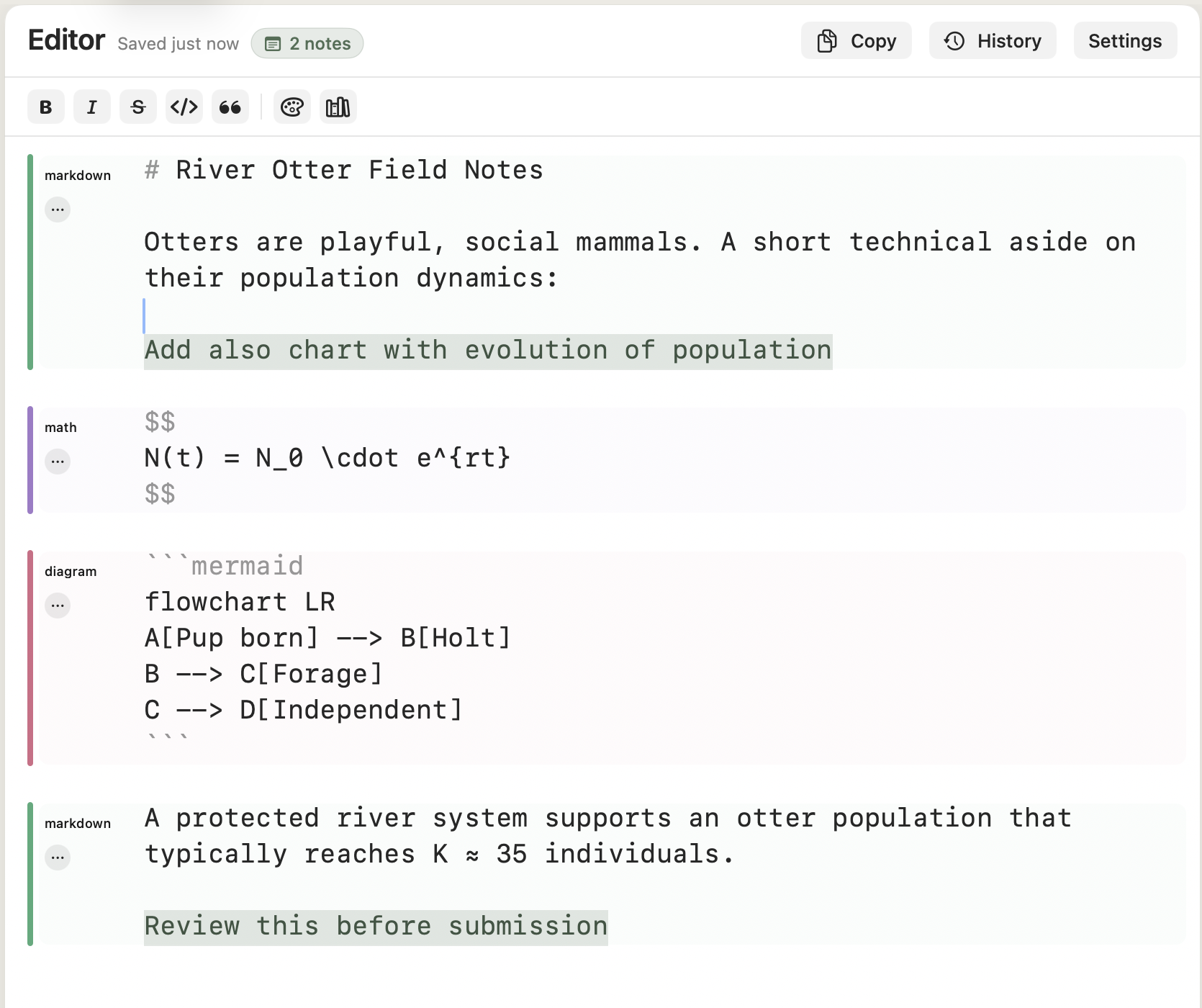 The Minidocs editor showing two sage-coloured note pills inline with prose, plus the '2 notes' chip in the editor header.