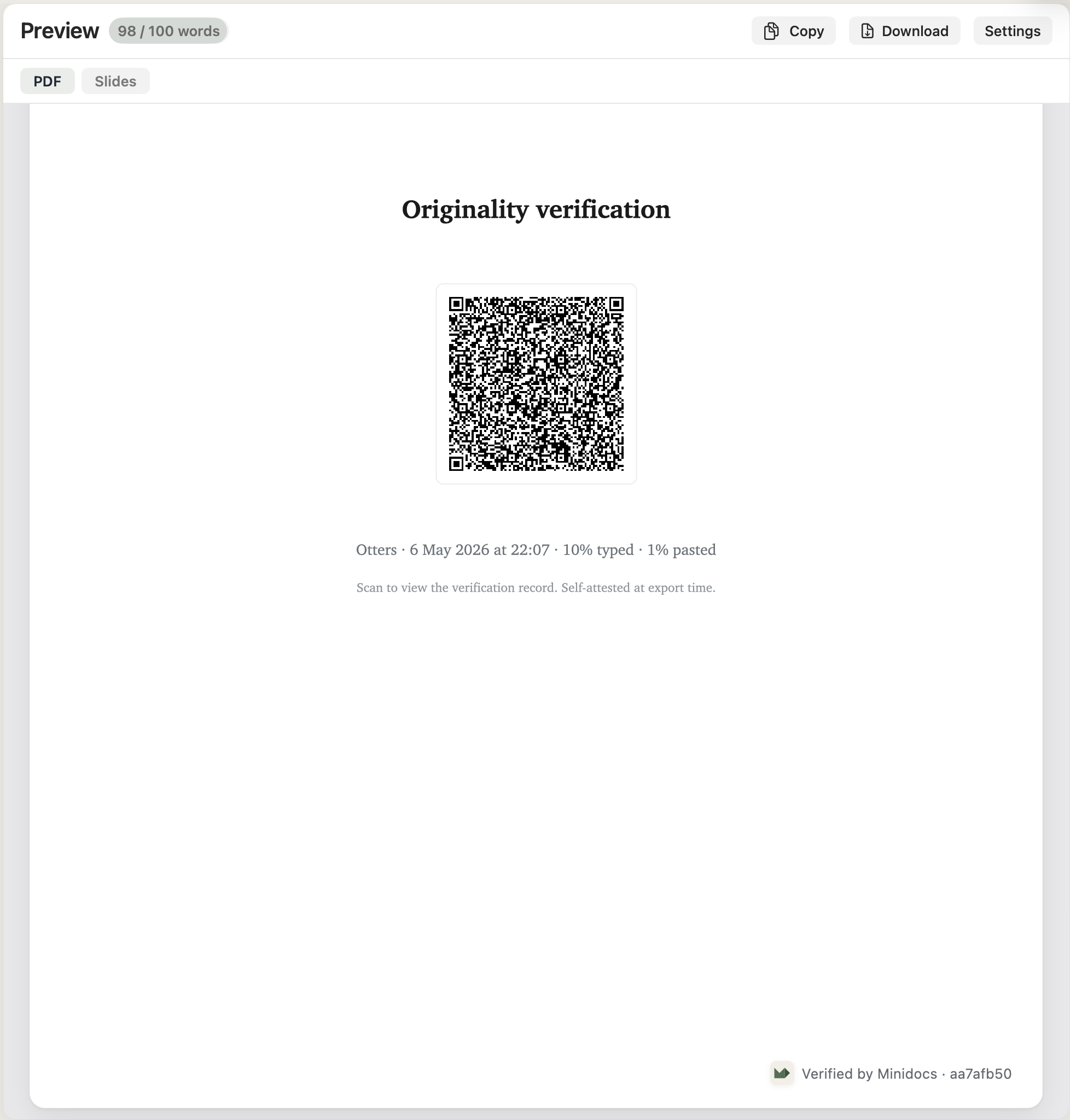 The Originality verification page on the last PDF page — a QR code with timestamp, percent typed, percent pasted, and a Verified by Minidocs footer.