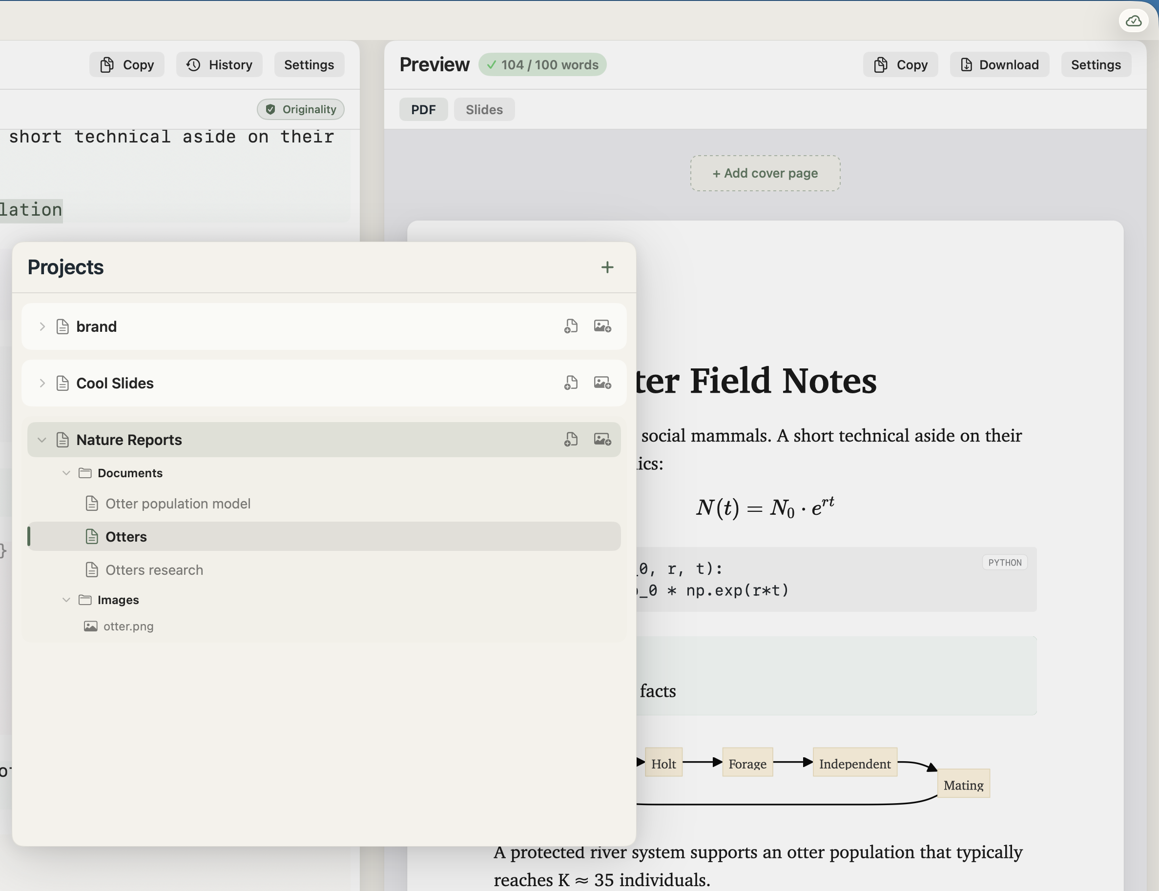The Project Explorer modal with three projects — brand, Cool Slides, and Nature Reports — Nature Reports expanded to show its documents and images folder.