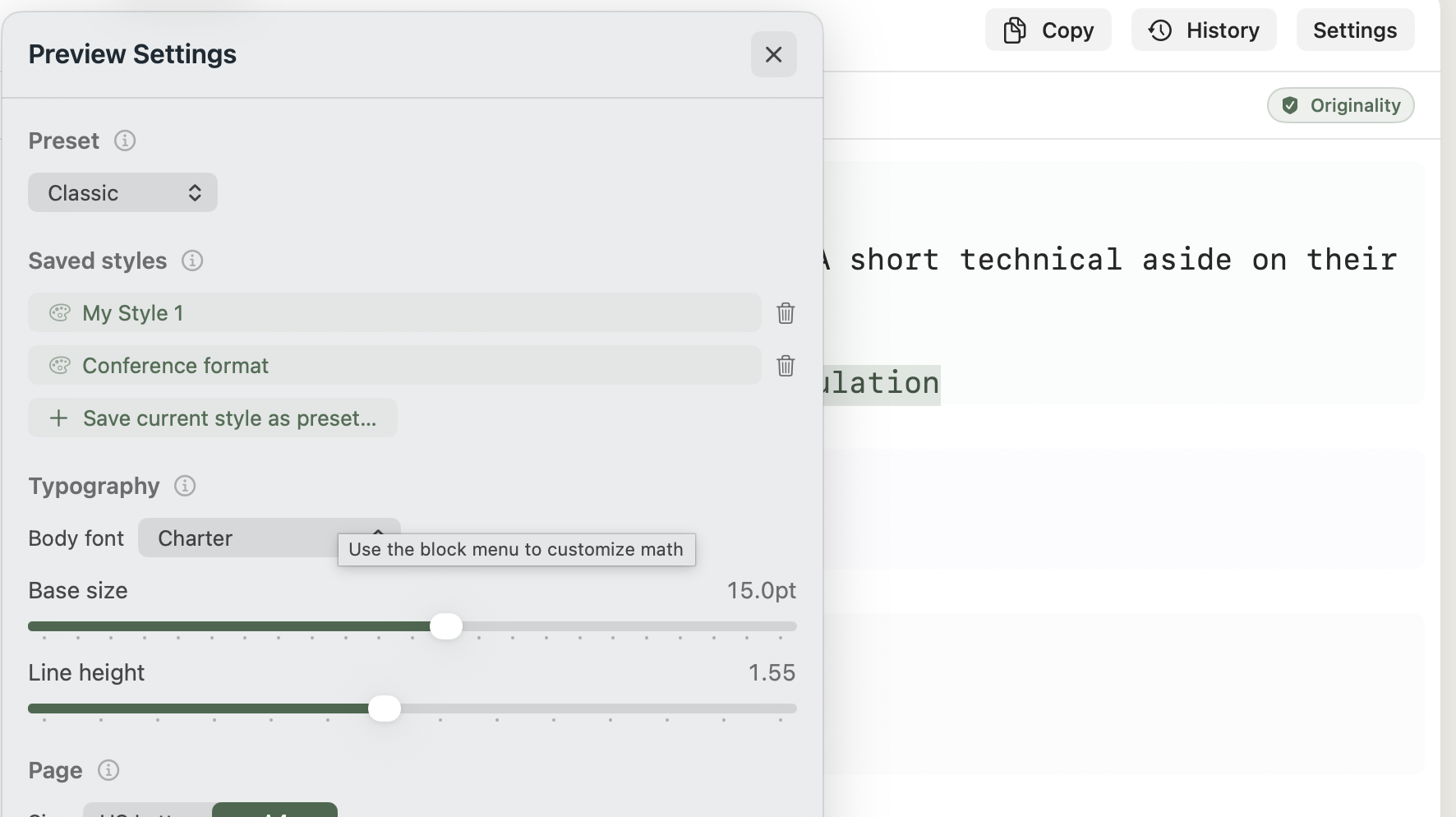 Saved style presets in Minidocs