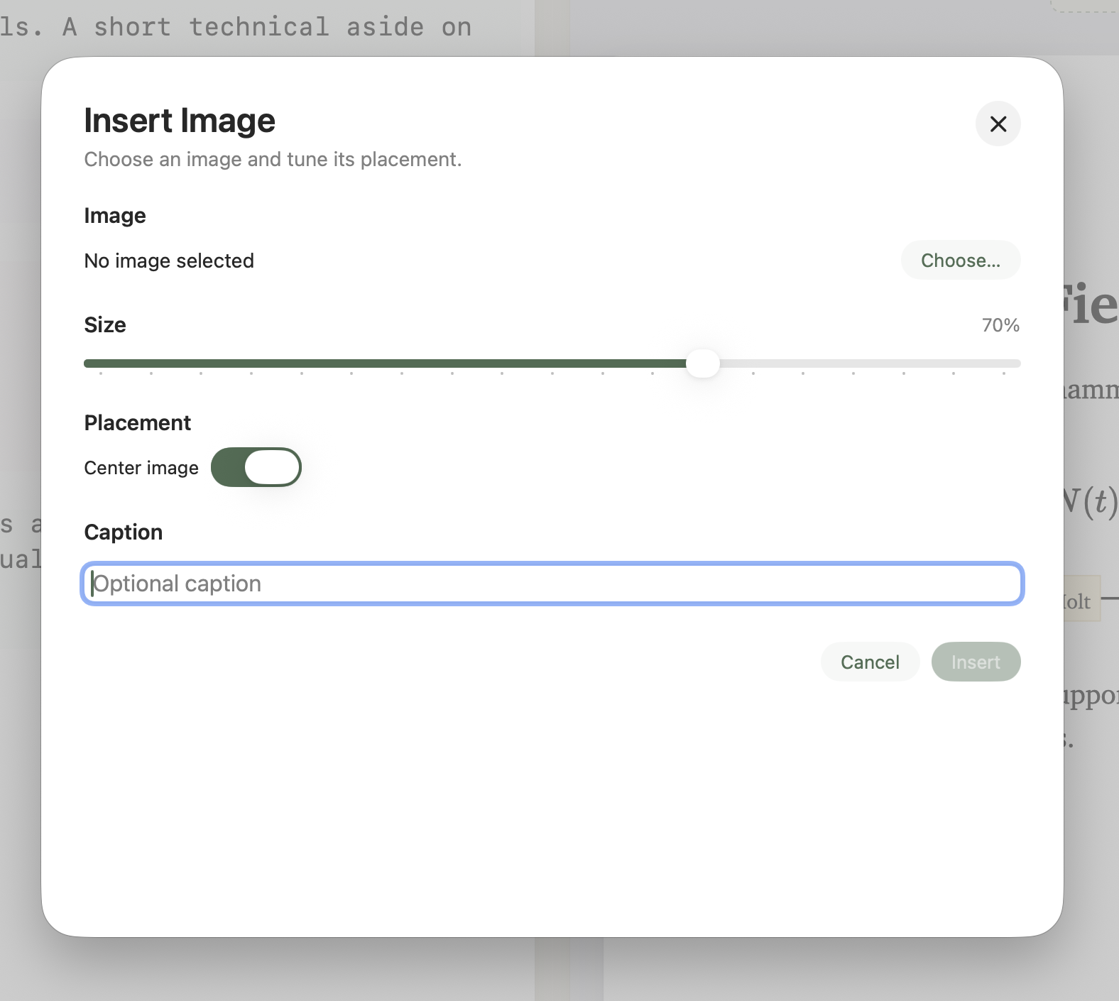 The /image slash command sheet open with size, alignment, and caption fields.