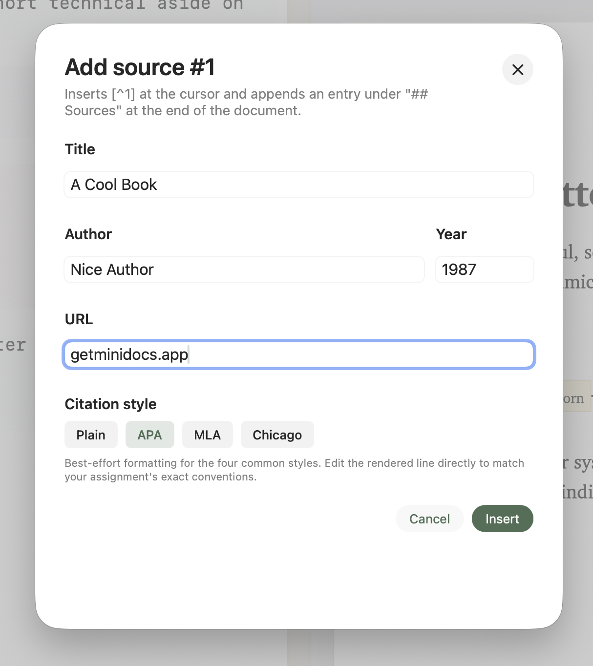 Citation source sheet in Minidocs
