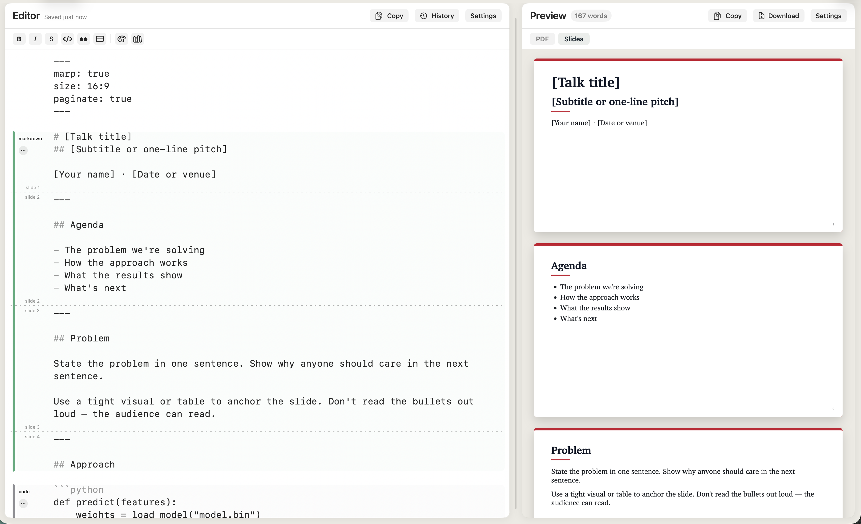 The same Markdown source rendered as a slide deck — title slide, agenda slide, problem slide stacked in the preview pane.