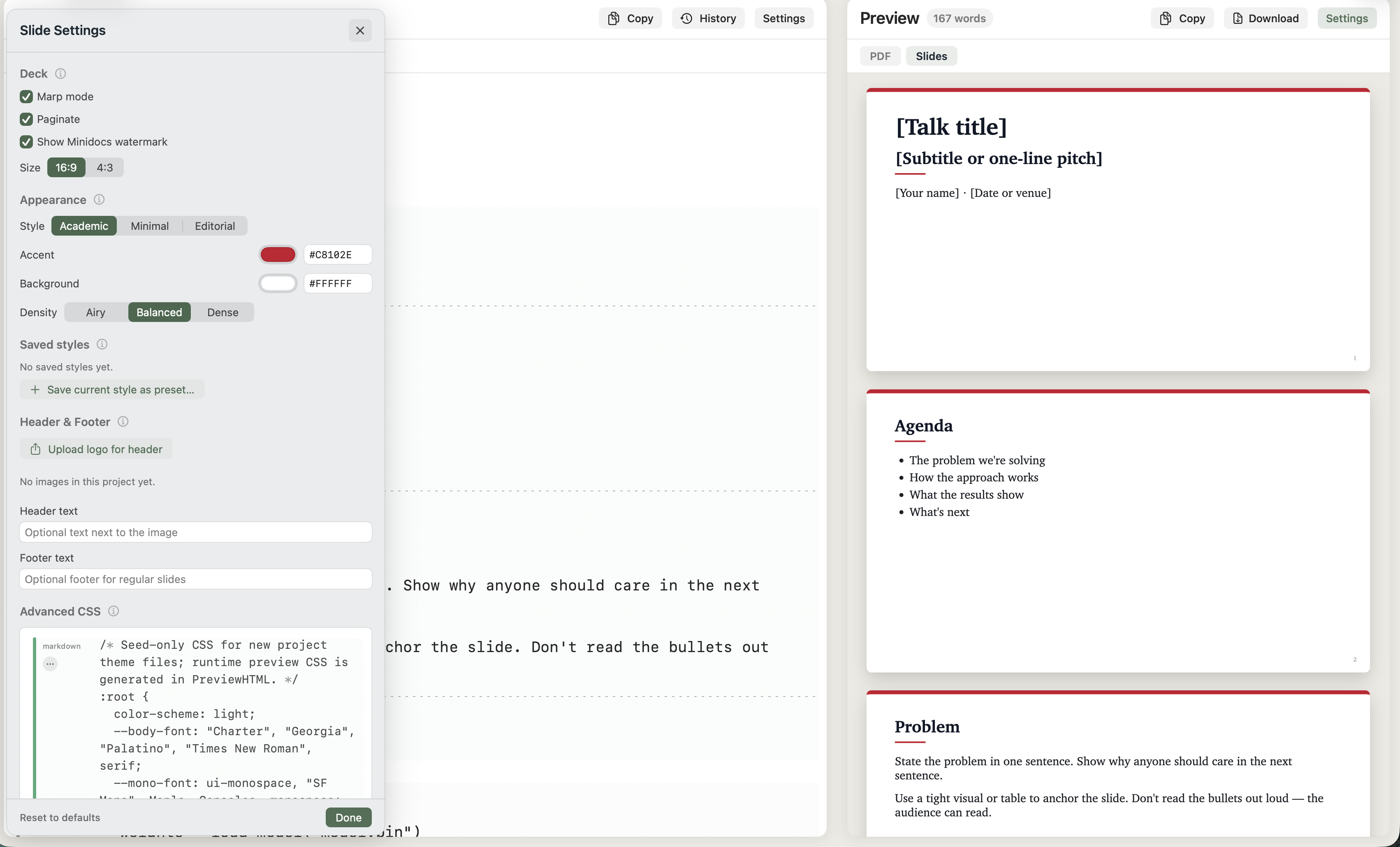 Slides settings in Minidocs