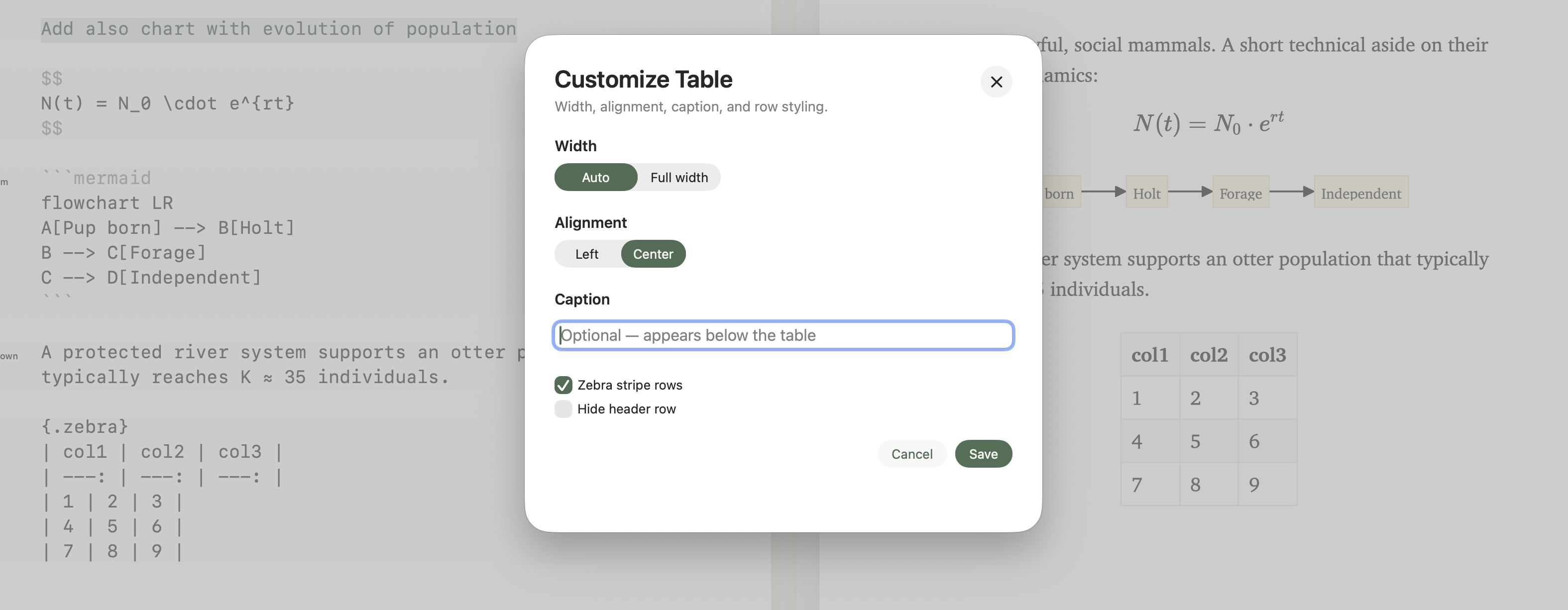The Customize Table sheet with width, alignment, caption, and zebra-row controls.
