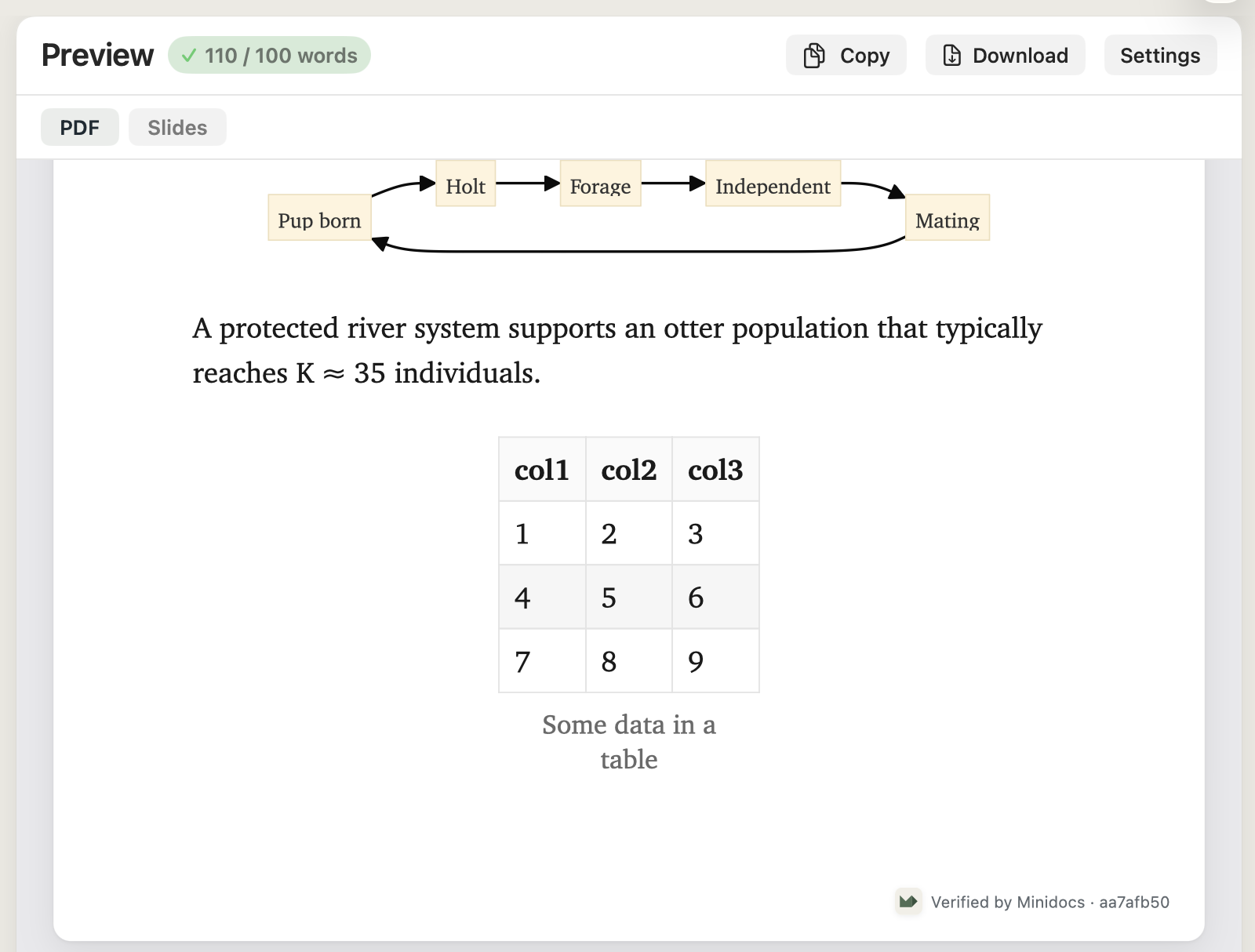 Table rendered in Minidocs