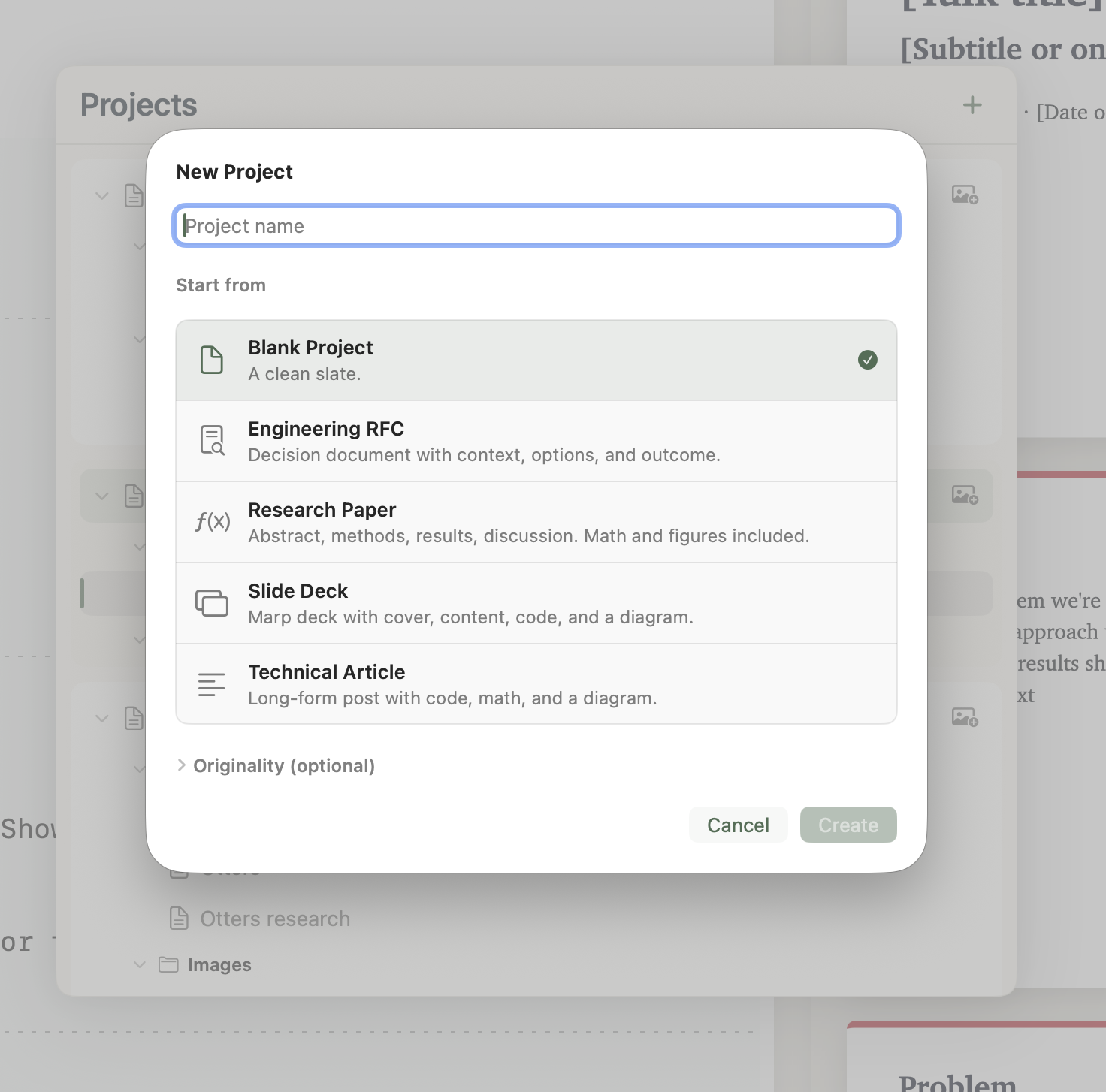 The New Project sheet showing five start points: Blank Project, Engineering RFC, Research Paper, Slide Deck, Technical Article — and an Originality option below.