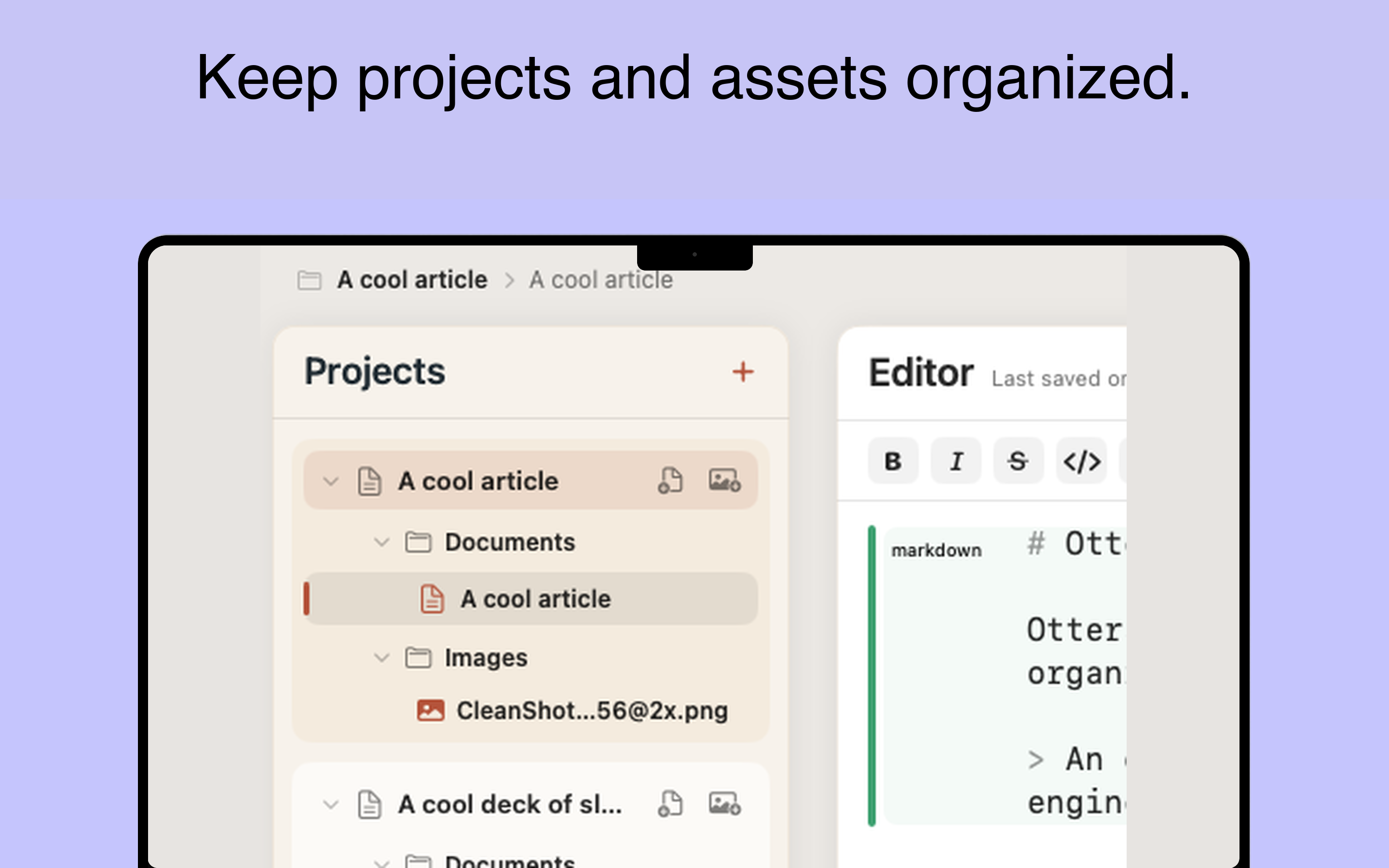 Minidocs project and asset sidebar