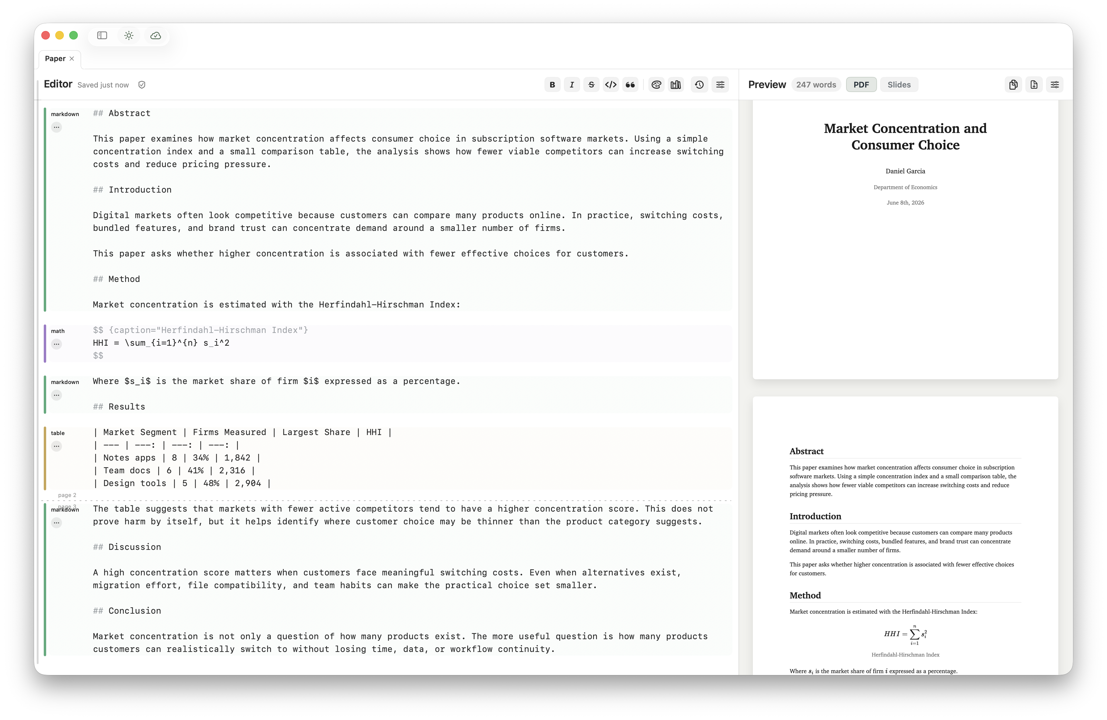 Minidocs showing an academic paper Markdown source beside a cover page and rendered paper preview