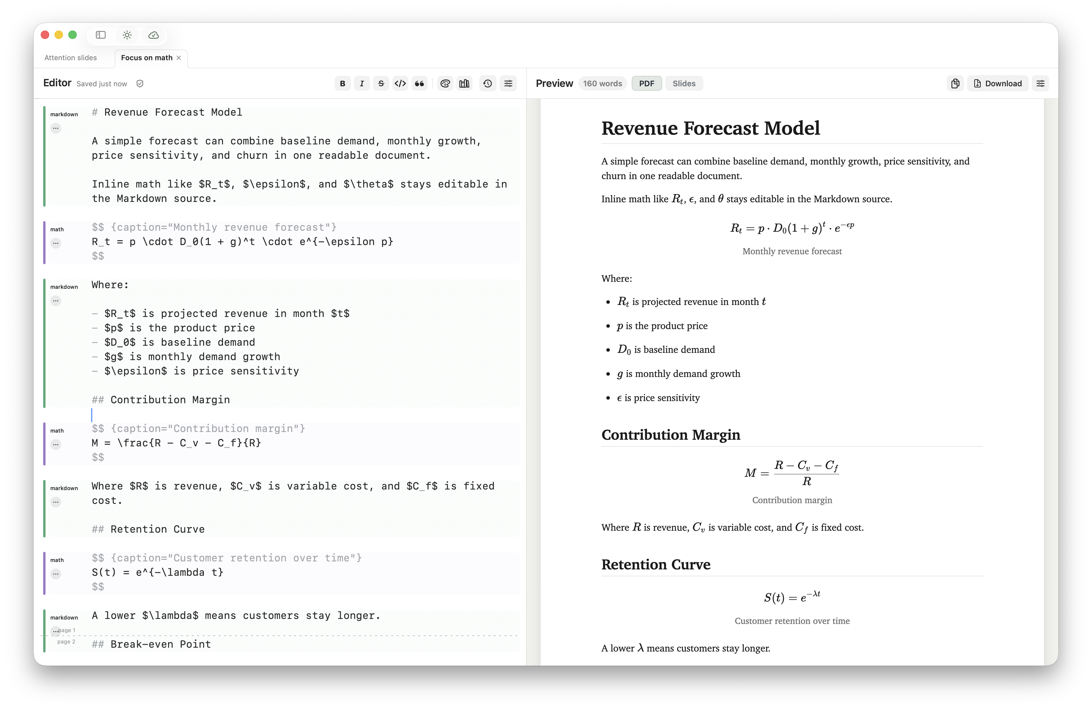 Minidocs showing raw LaTeX math in Markdown beside a PDF preview with rendered equations and captions