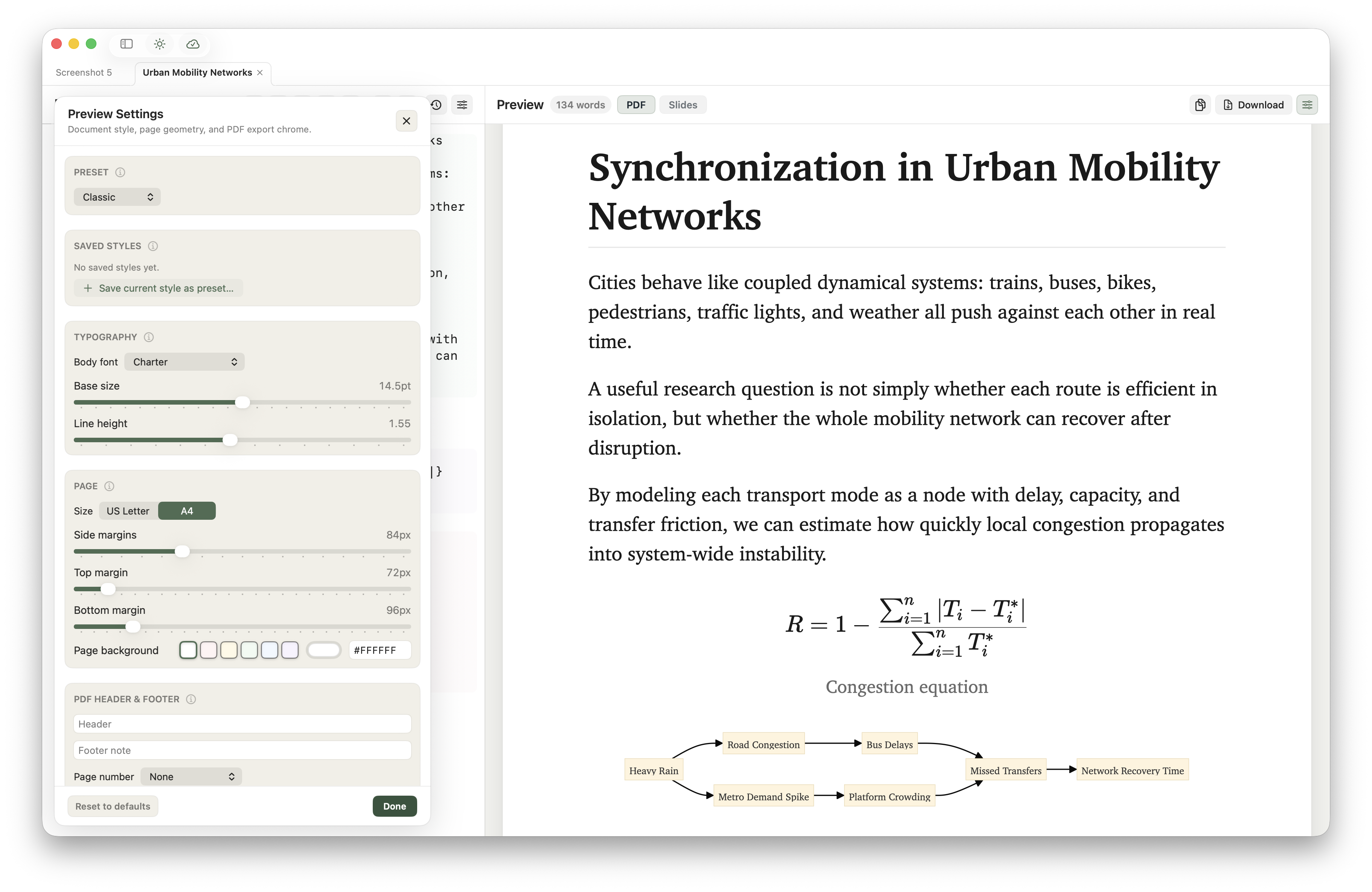 Minidocs showing Markdown source, PDF preview, and export styling controls for a polished PDF document