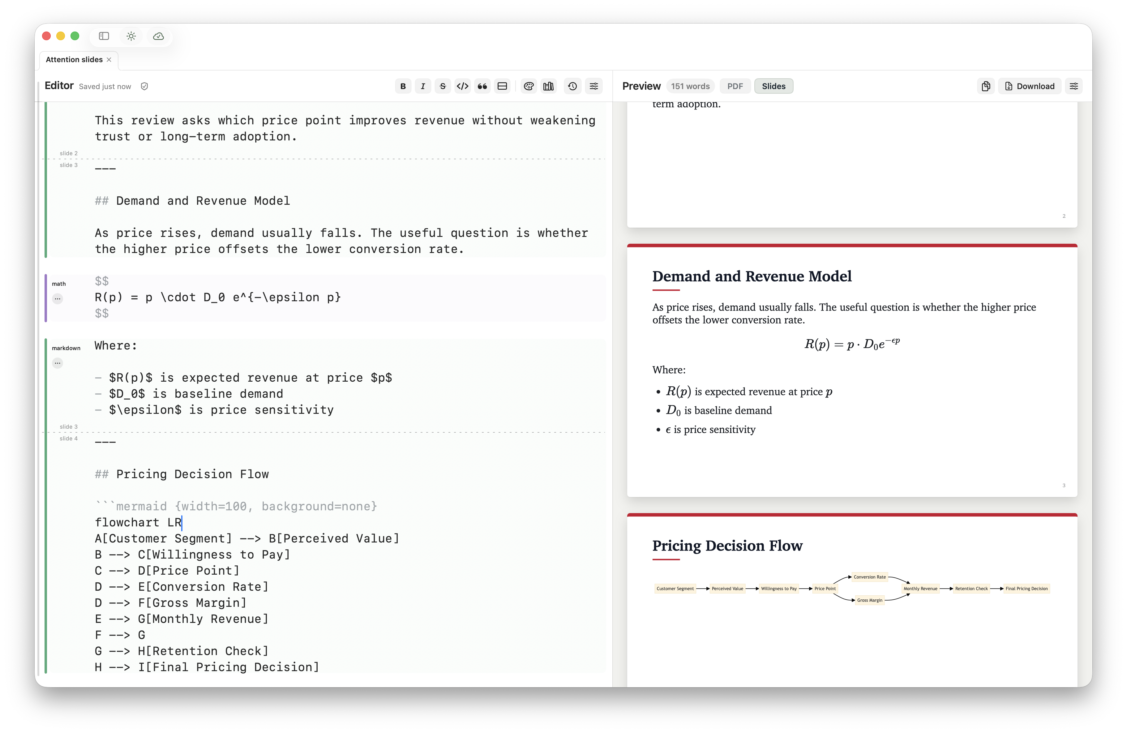 Minidocs showing Markdown slide breaks on the left and rendered slide deck preview on the right