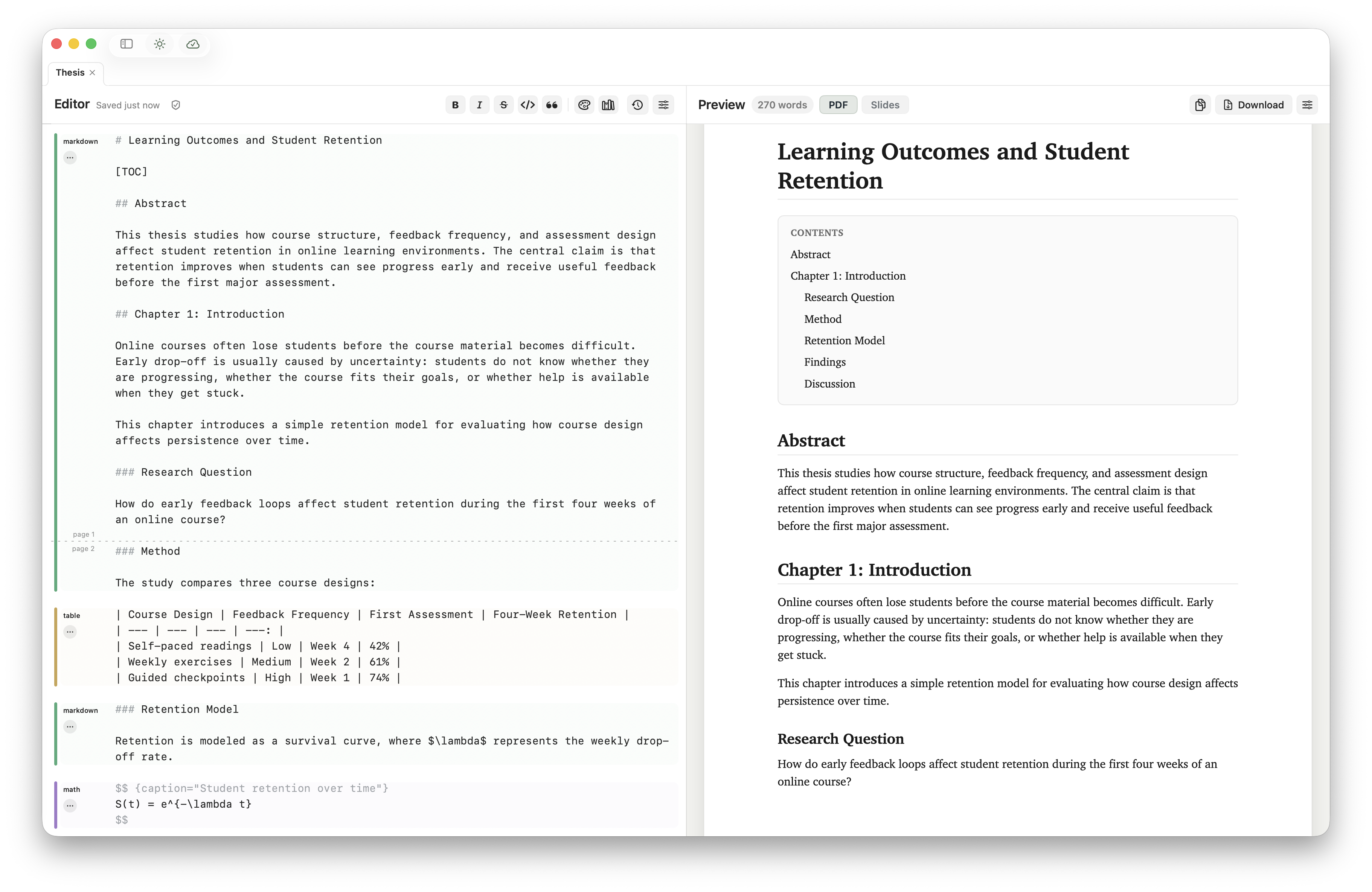 Minidocs showing a thesis Markdown source with generated table of contents and rendered chapter preview